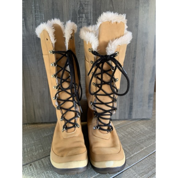 Timberland Tall Lace Up Boots Womens 8M Wheat Brown Faux Fur Winter Warm - Picture 3 of 8